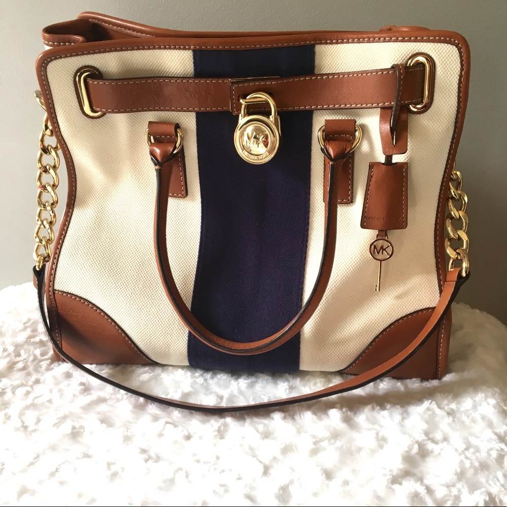 Michael Kors Beige Hamilton Striped Canvas Satchel